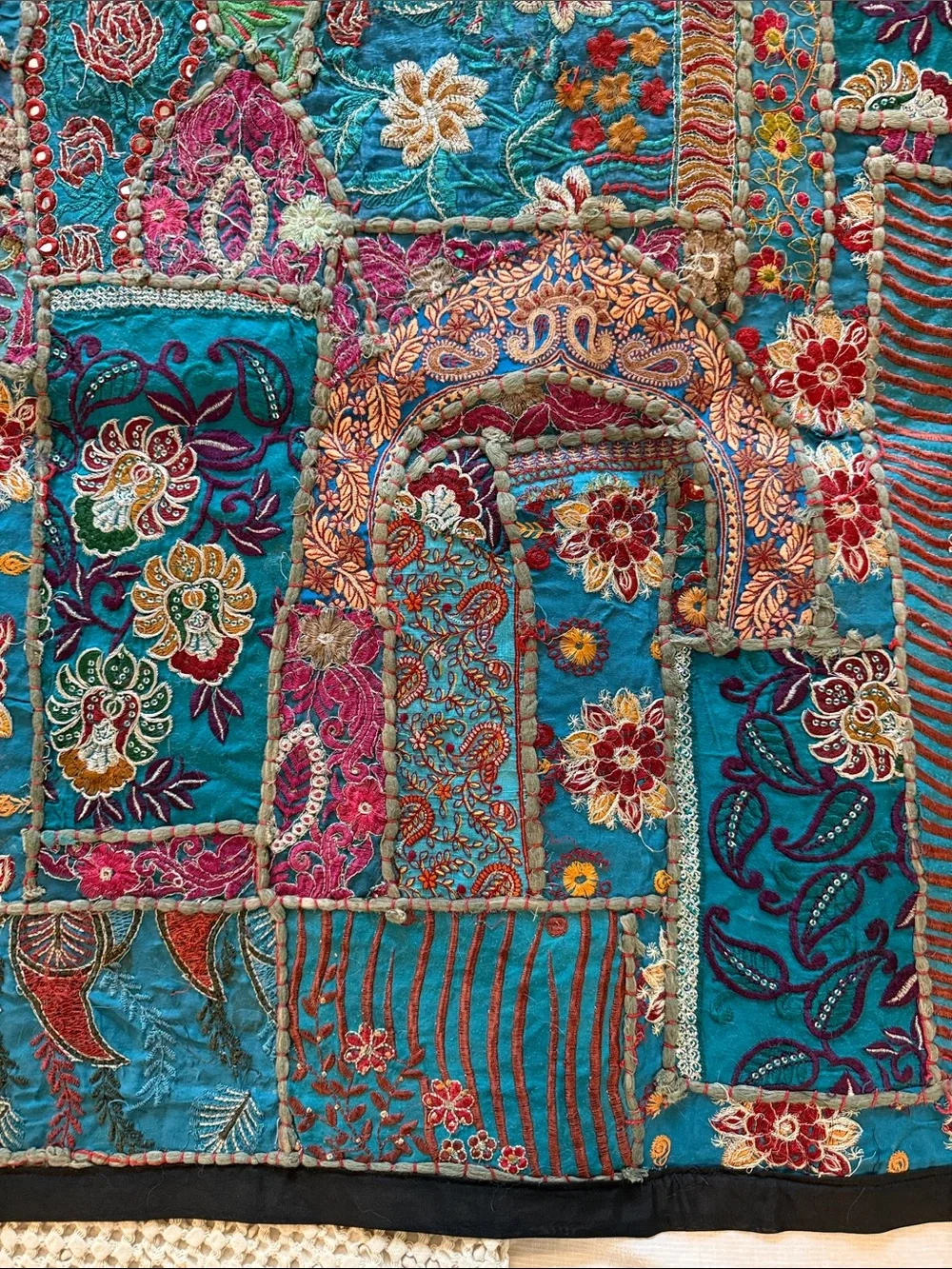 Handmade Vintage Pakistani Tribal Bridal Tapestry in Vibrant Blues & Pinks